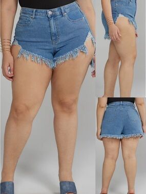 Fashion to Figure•High Rise Distressed Denim Shorts With Hi-Lo Hem